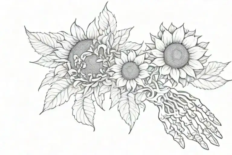 Skeleton Hand And Sunflower Blooming