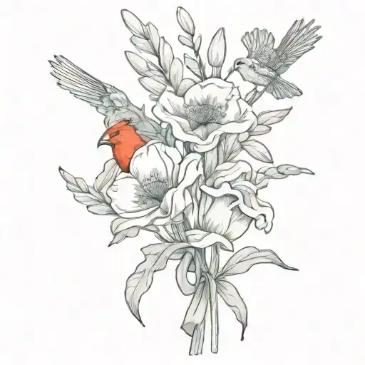 Poppy And Gladiolus With Bow Wrapped Around And Red Bird