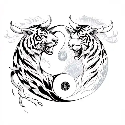 A Bull And A Tiger Emerging In A Ying Yang Symbol Formed