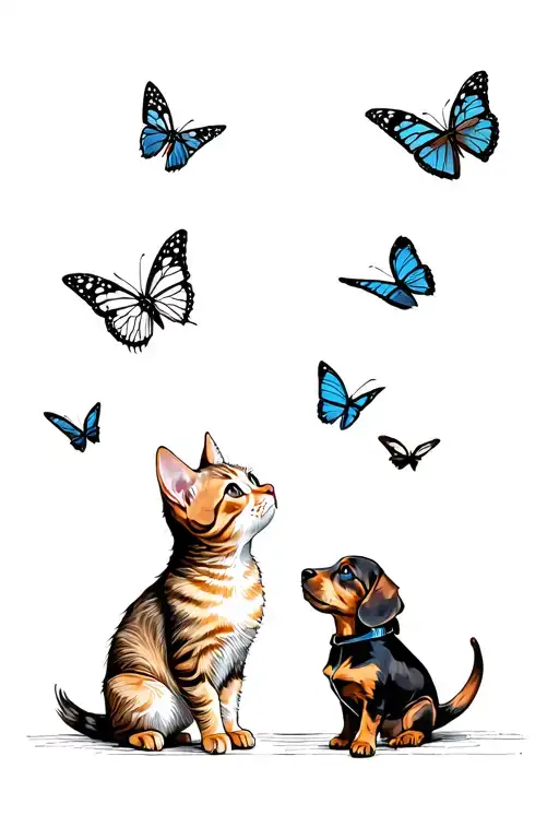 Small Cat And Wiener Dog Looking Up At Butterflies Flying