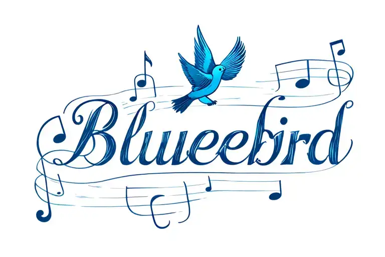 The Word Bluebird Written In Elegant Script With A Music Note Connected To The Word