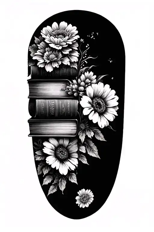 Stack Of Books Behind A Half Sleeve Of Flowers