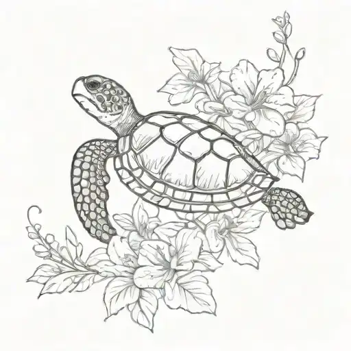 Sea Turtle Swimming With Hibiscus Around It