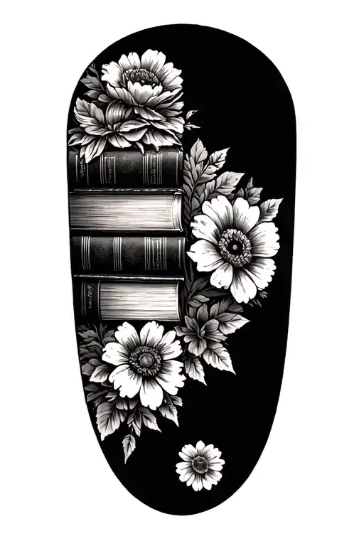 Stack Of Books Behind A Half Sleeve Of Flowers