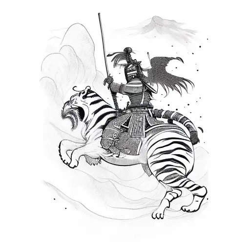 A Samurai Warrior Riding A Tiger With A Phoenix Flying Overhead