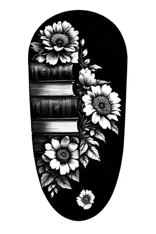 Stack Of Books Behind A Half Sleeve Of Flowers