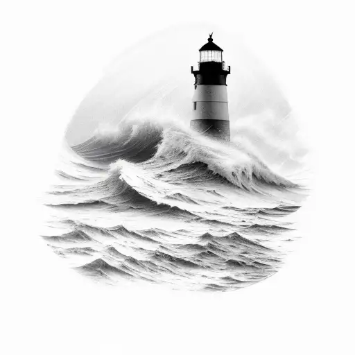 Lighthouse With Waves Crashing In Storm Onto Rock Groyne To Have Tattoeed Around Forearm