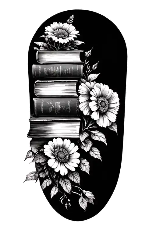 Stack Of Books Behind A Half Sleeve Of Flowers