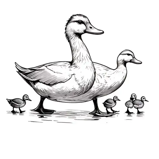 Mother Duck Followed By 4 Ducklings Following Their Mother