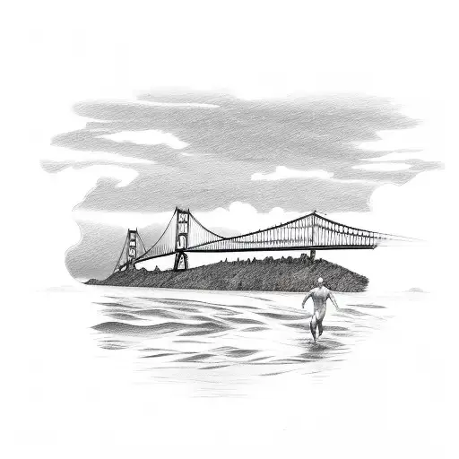 Male Swimmer With Mackinac Bridge And Mackinaw Island In Background