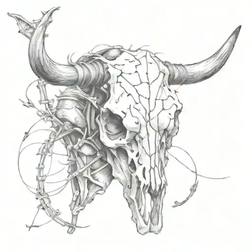 Barbwire Wrapped Around Spine Leading Up To Cow Skull