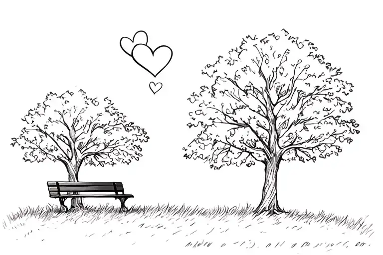 Park Bench Next To A Tree With 2 Hearts Above