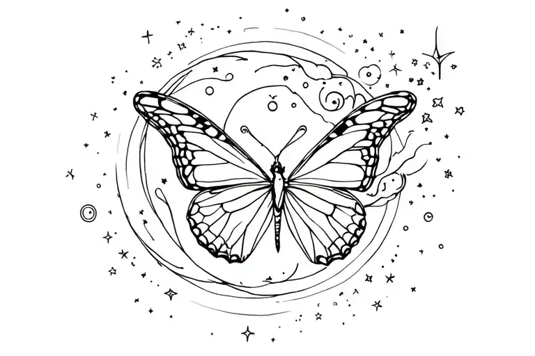 Butterfly Flying In Front Of The Moon With Celestial Elements