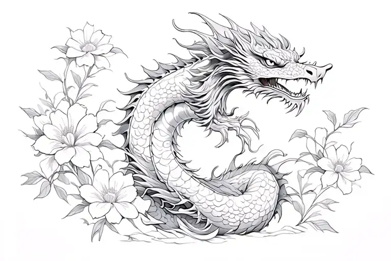 Japanese Dragon In Flowers