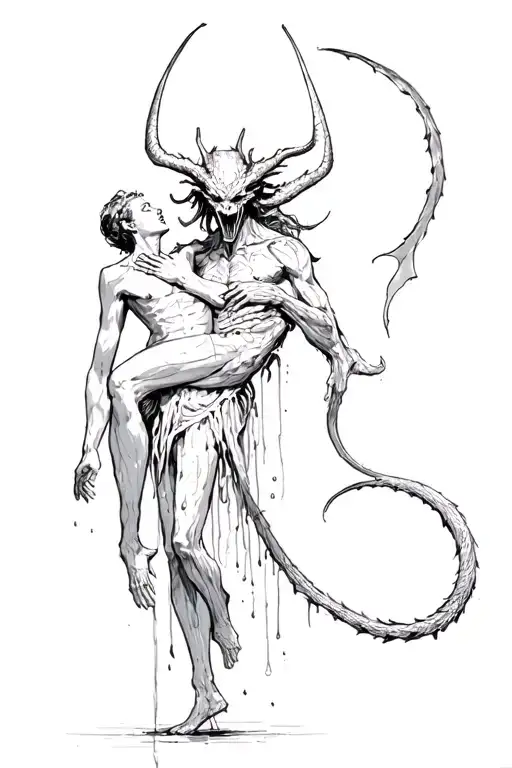Demon In Full Height Long Tail Holding A Person In The Blood Of Drin Sigelism