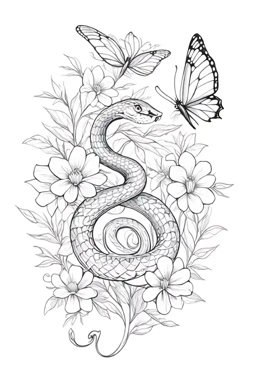 Snake Butterfly And Flowers
