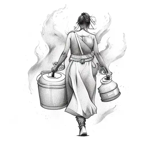 A Beautiful Strong Woman Walking Into Red Flames Carrying Buckets Of Water