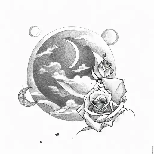Half Moon With Clouds Behind It And Roses Going Down Tattoo