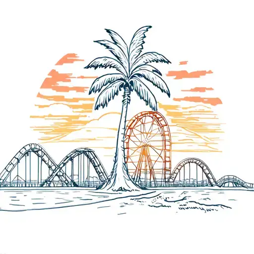 Palm Tree With Roller Coaster Behind It With Sunset