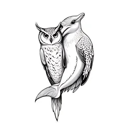 Owl And Dolphin Entwined Together