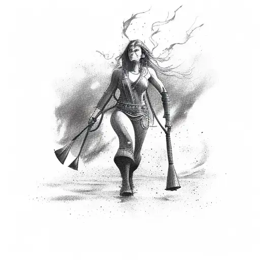 A Beautiful Strong Woman Walking Out Of Red Flames Carrying Buckets Of Water