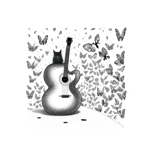 A Cat Playing A Guitar Under A Tree Of Butterflies