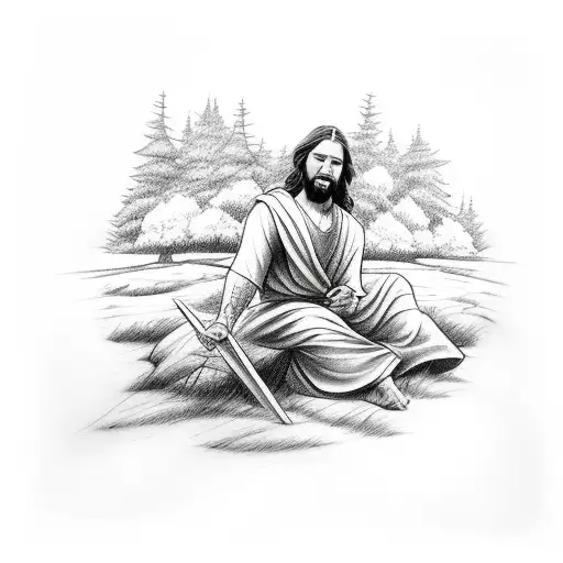 A Sketch Style Tattoo Of Jesus Drawing In A Peaceful Forest