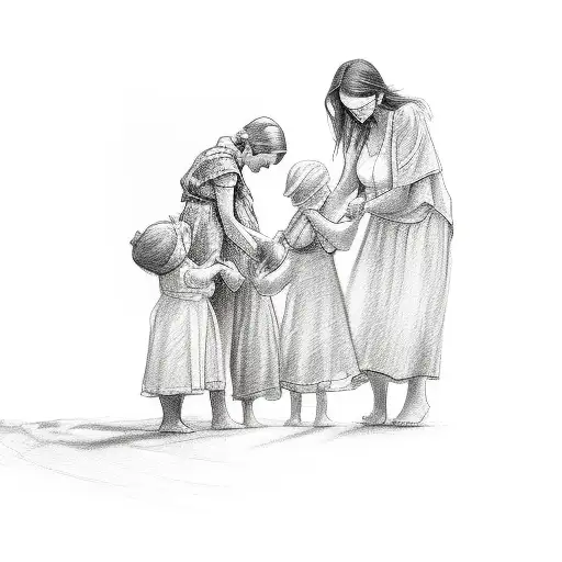 A Sketch Of A Mother Holding Her Child's Hand