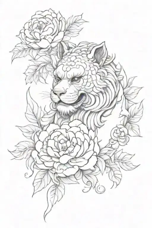 Female Foo Dog With Cub Surrounded By Peonies Flower
