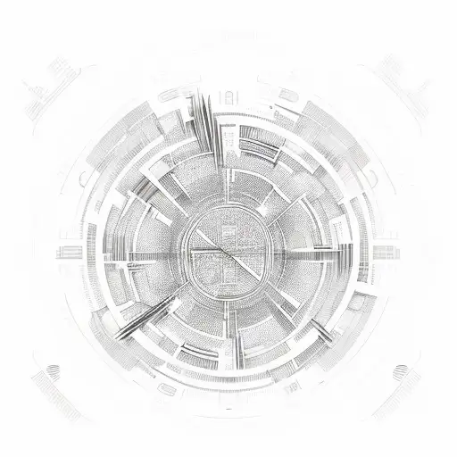 A Futuristic Cityscape With A Hidden Disc Golf Basket And Musical Notes