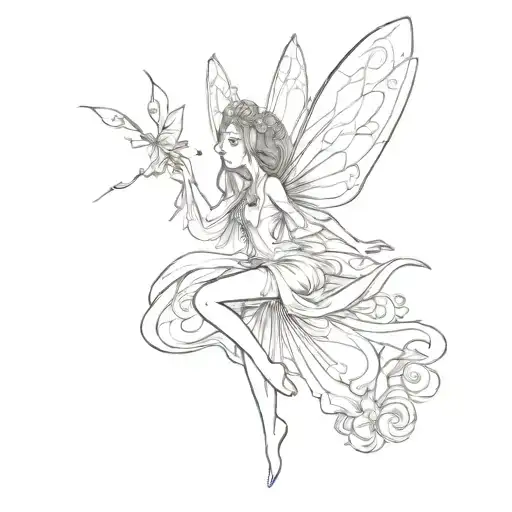 Fairy In Minimalist Style Without Background And Shading With Thin Lines Sketch