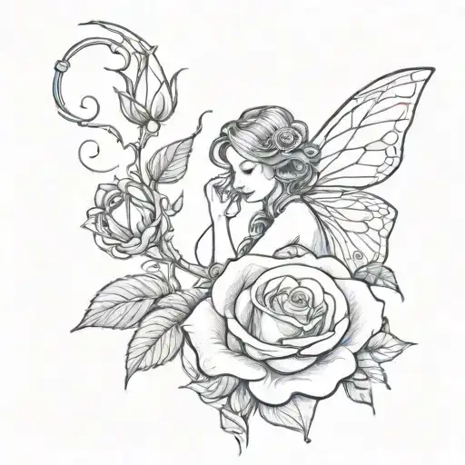 Fairy Leaning On The Stem Of A Rose
