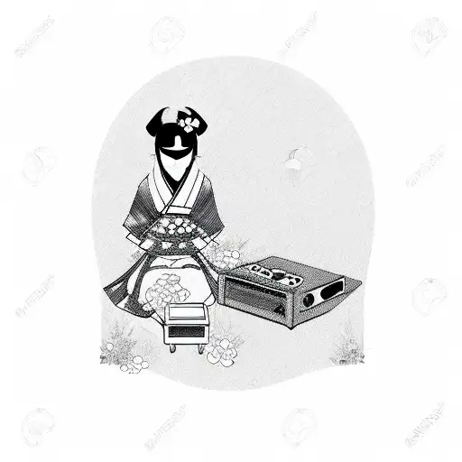 A Japanese Geisha With A Cat Mask Playing A Video Game Controller