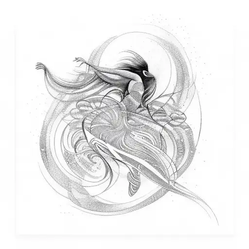Create A Tattoo Of A Beautiful Dancer Surrounded By Energetic Swirls And Lines