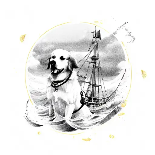A Pirate Ship Sailing On Rough Seas With A Golden Retriever As The Captain