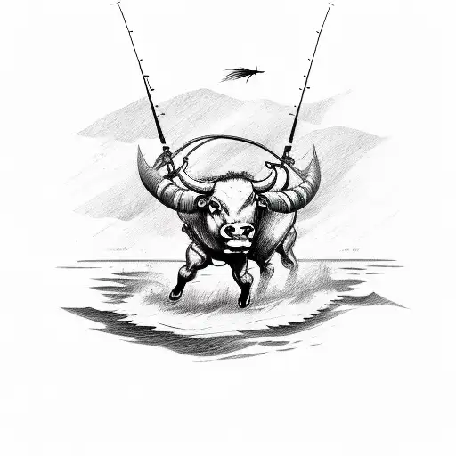 A Sketch Style Tattoo Of A Fisherman Reeling In A Giant Stock Market Bull