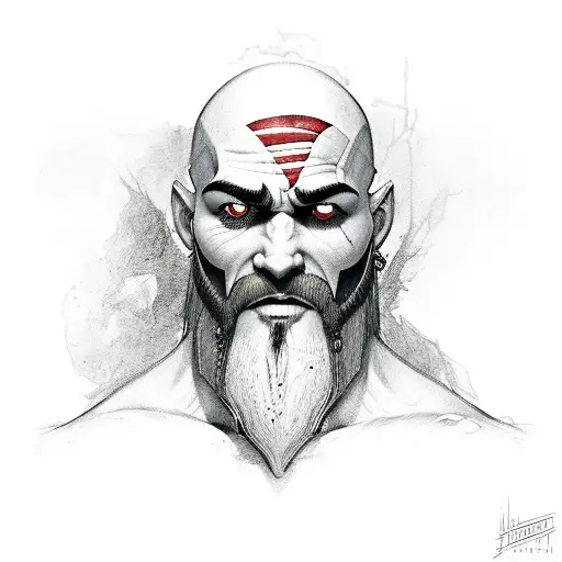 Kratos Portrait Line Work Black And Grey And Red