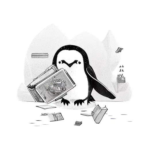 A Penguin Wearing A Traveler's Backpack Exploring A Mystical Library Filled With Ancient Books