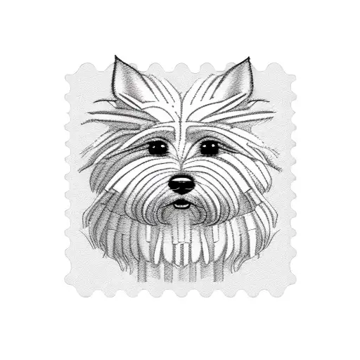 Square Postage Stamp With A Shaggy Dog With Pointy Ears In The Middle