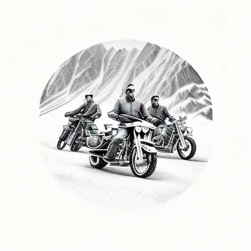 A Group Of Men Riding Motorcycles Through The Mountains Of Kazakhstan