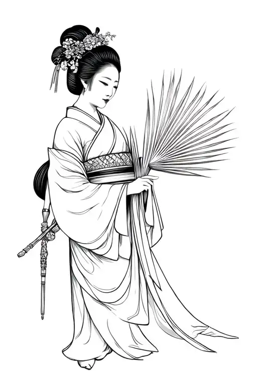 Full Body Traditional Japanese Geisha Holding A Fan Palm Leaf
