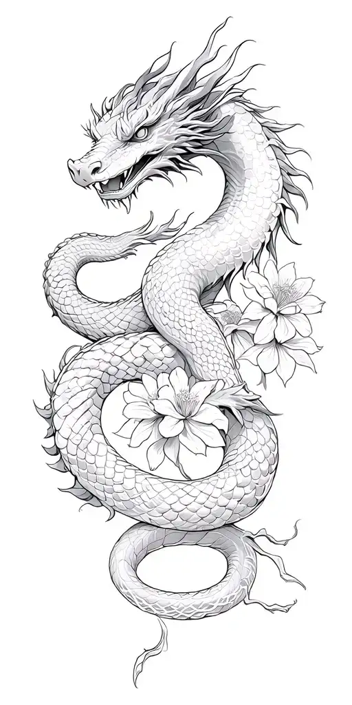 Chinese Dragon And Snake Wrapped Together With Dead Flowers