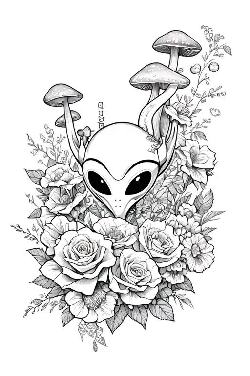 Roses And Other Flowers Wrapping Around Arm With A Alien With Mushrooms And Random Lucky Items