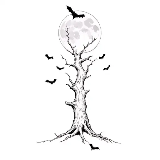 A Tree With Bats Flying Around It And A Moon On Top With A Bat Infront Of It