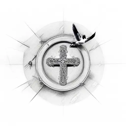 Christian Cross And Seagulls Around It