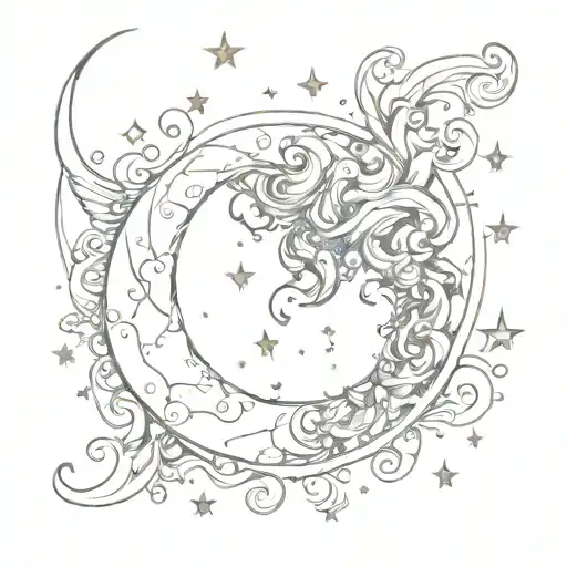 A Crescent Moon Elongated With Curls And Mist And Stars And