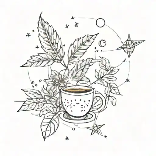 A Sketch Of A Sagittarius Constellation Intertwined With A Coffee Plant And A Spaceship