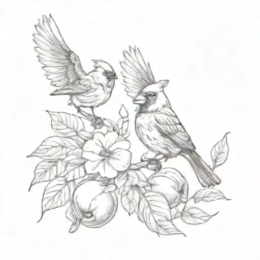 Cardinal And Sparrow Flying From Opposite Sides To A Peach With Leaves