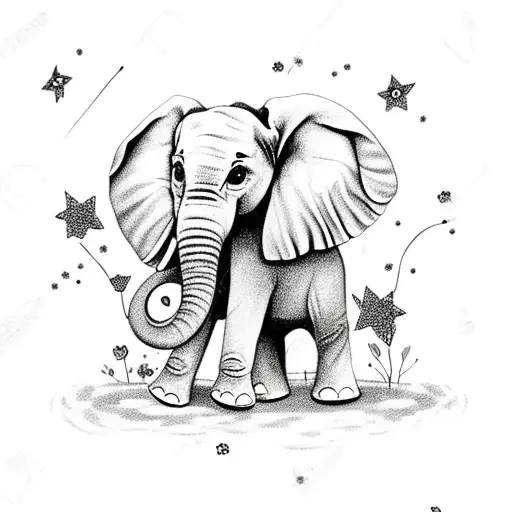 Baby Elephant With Stars And Flowers