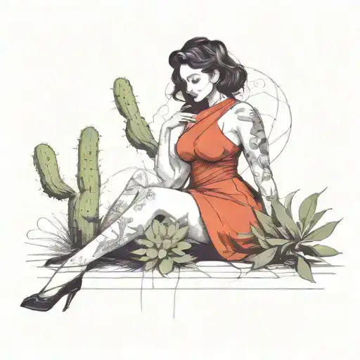 Curvy Darkhaired Lady With Cactus Surrounded